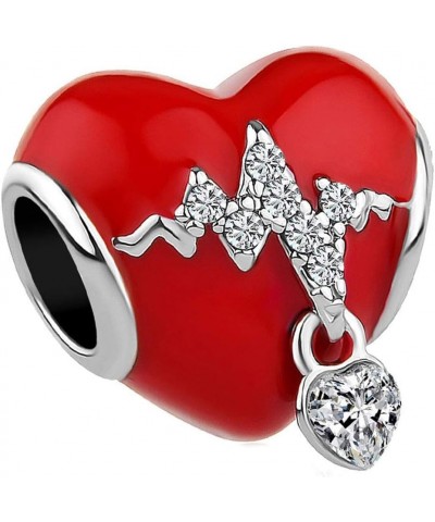 Women Red Love Heart Bead Charm Compatible with Pandora Bracelets Necklaces Pendants Heartbeat Pulse Line Gift Girlfriend Wif...