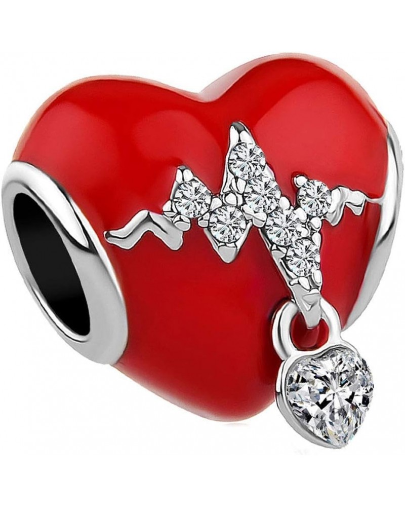 Women Red Love Heart Bead Charm Compatible with Pandora Bracelets Necklaces Pendants Heartbeat Pulse Line Gift Girlfriend Wif...