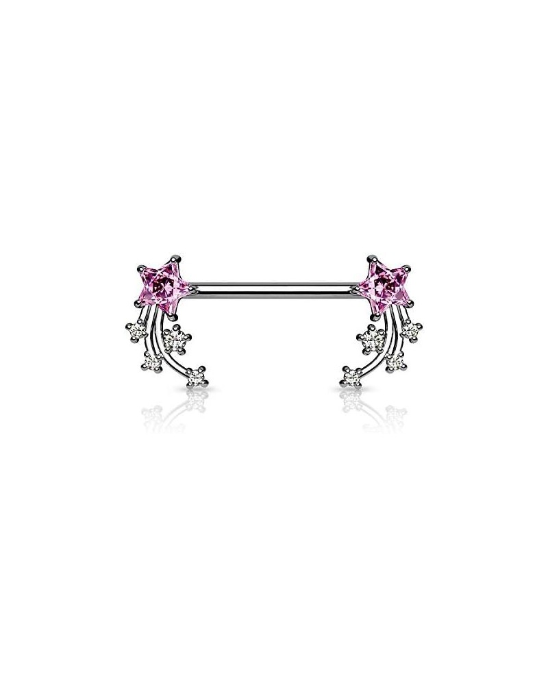 CZ Shooting Star Ends Surgical Steel Nipple Barbell Rings Clear/Pink $14.49 Body Jewelry