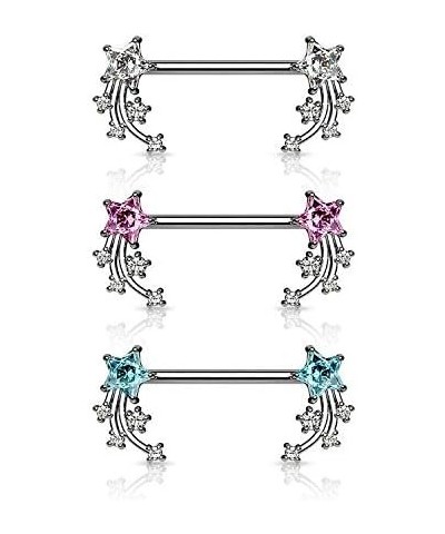 CZ Shooting Star Ends Surgical Steel Nipple Barbell Rings Clear/Pink $14.49 Body Jewelry