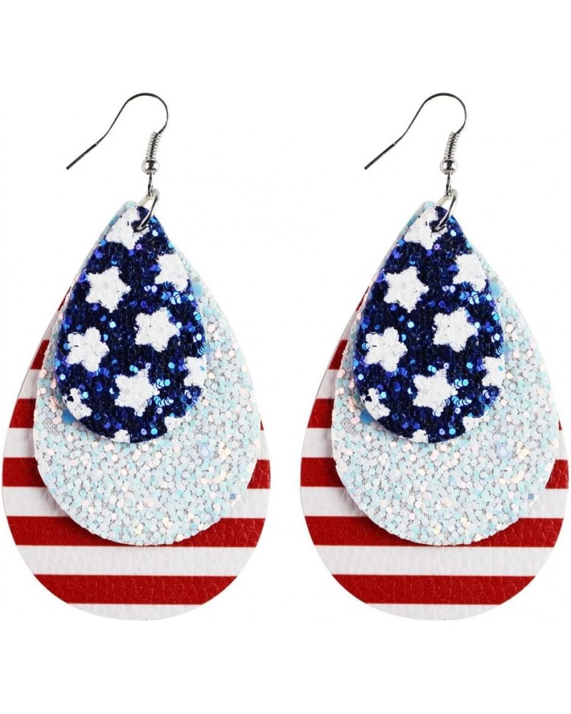 Glitter Big Teardrop Leather Dangle Earrings for Women Girls Handmade Double-sided Layered Stars and Stripes USA Flag Festiva...