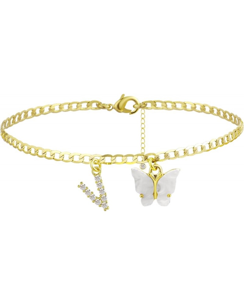 14K Gold Plated Dainty Butterfly Initial Ankle Bracelets Handmade Cuban Chain White Butterfly A-Z Alphabet Letter Initial Ank...