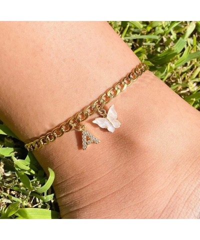 14K Gold Plated Dainty Butterfly Initial Ankle Bracelets Handmade Cuban Chain White Butterfly A-Z Alphabet Letter Initial Ank...