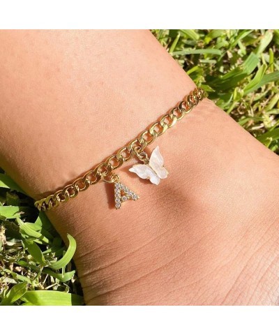 14K Gold Plated Dainty Butterfly Initial Ankle Bracelets Handmade Cuban Chain White Butterfly A-Z Alphabet Letter Initial Ank...