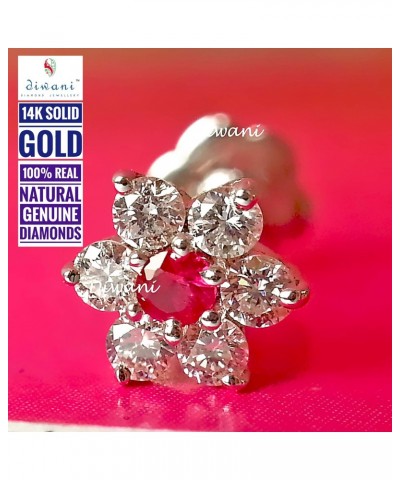 14k Gold GII Certified 6 Natural Si Diamonds and 1 Ruby Flower Indian Wedding Bridal Nose Piercing Ring Stud Screw Pin (0.09 ...