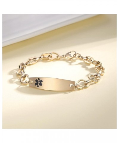 7.5 IN Fashion Medical Alert Bracelets for Women Stainless Steel Heart Link Medical bracelets with Free custom engraving Gold...