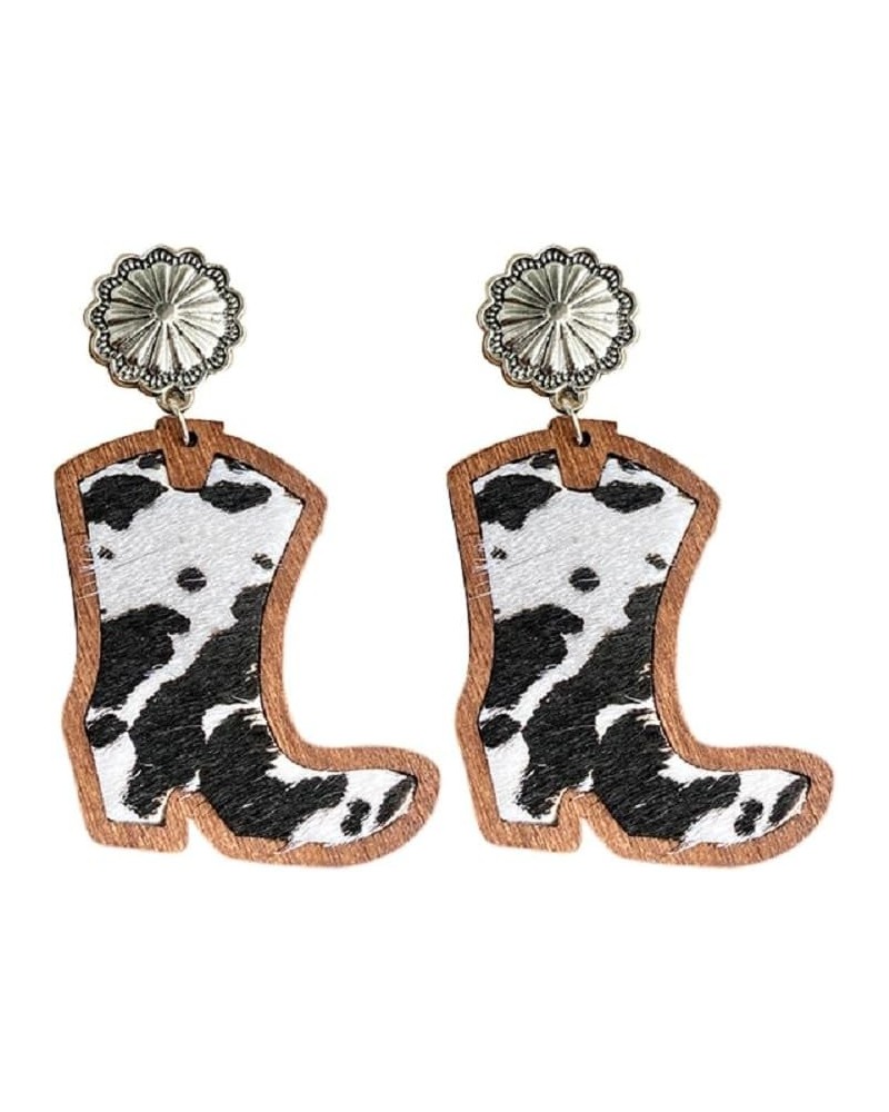 Western Cowgirl Boot Wooden Earrings for Women Girls Handmade Lightweight Leopard Cow Print Leather Dangle Earrings Western B...