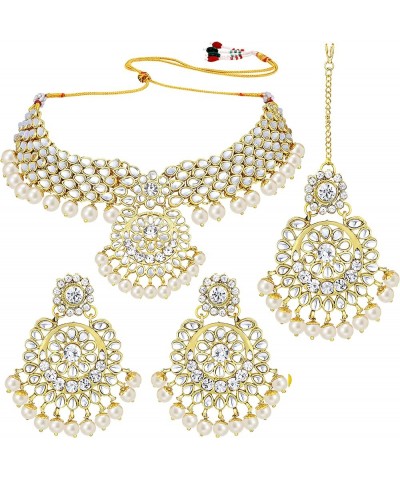 Elegant Wedding Party Wear Faux Kundan Studded Short Necklace Earrings With Maang Tikka Set Indian Ethnic Bollywood Fashion J...