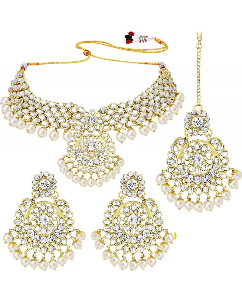 Elegant Wedding Party Wear Faux Kundan Studded Short Necklace Earrings With Maang Tikka Set Indian Ethnic Bollywood Fashion J...