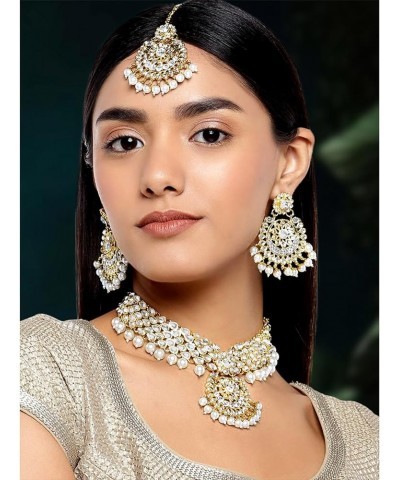 Elegant Wedding Party Wear Faux Kundan Studded Short Necklace Earrings With Maang Tikka Set Indian Ethnic Bollywood Fashion J...