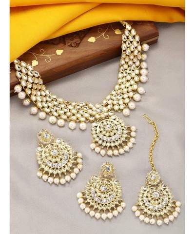 Elegant Wedding Party Wear Faux Kundan Studded Short Necklace Earrings With Maang Tikka Set Indian Ethnic Bollywood Fashion J...