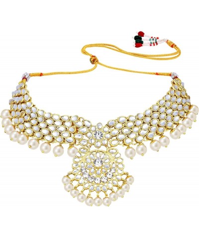 Elegant Wedding Party Wear Faux Kundan Studded Short Necklace Earrings With Maang Tikka Set Indian Ethnic Bollywood Fashion J...