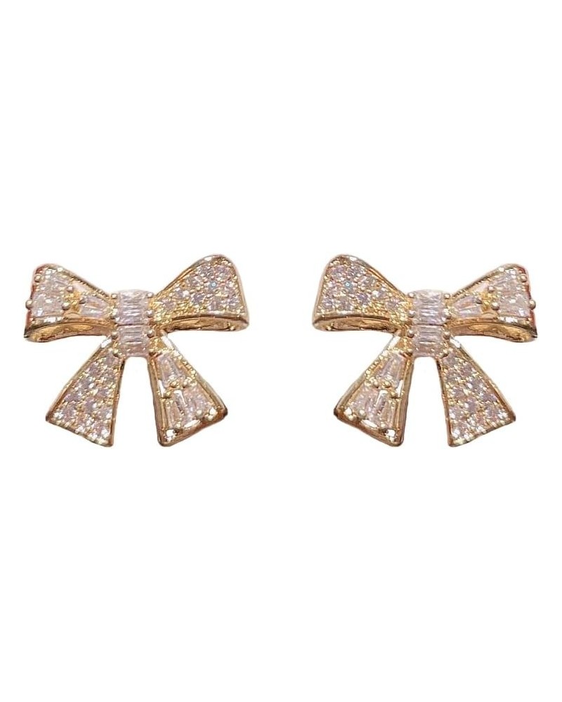 Cute Bow Knot CZ Stud Earrings for Women Girls 925 Sterling Silver Post Pin Crystal Sweet 14k Gold Plated Ribbon Bow Stud Ear...