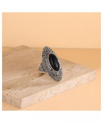 Black Rings for Women - Vintage Black Onyx Ring Marcasite - Antique Retro Statement Stone Rings Cocktail Jewelry Christmas Gi...