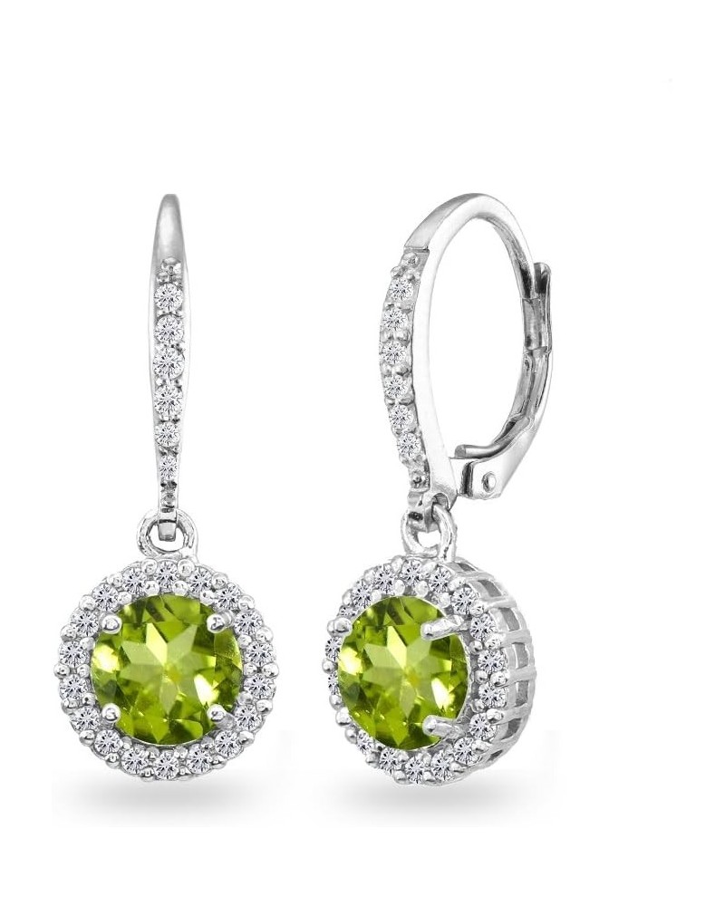 Sterling Silver Genuine or Synthetic Gemstone Round Dangle Halo Leverback Earrings Peridot $17.20 Earrings