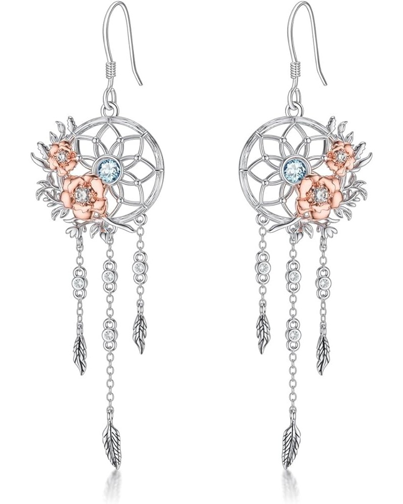 Dream Catcher Dangle Drop Earrings 925 Sterling Silver Synthetic Moonstone/Birthstone Rose Flower Dreamcatcher Jewelry Birthd...