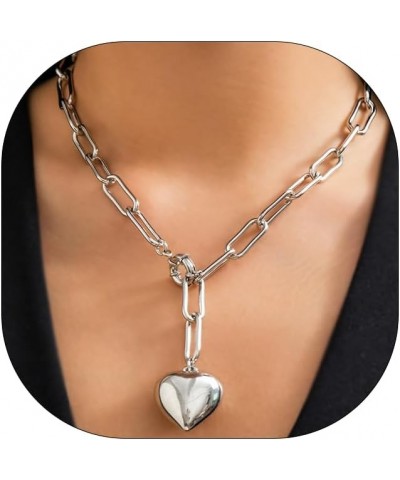 Heart Necklaces for Women Silver Heart Choker Necklace Cuban Chain Heart Necklace for Women Bling Chunky Heart Chain Necklace...