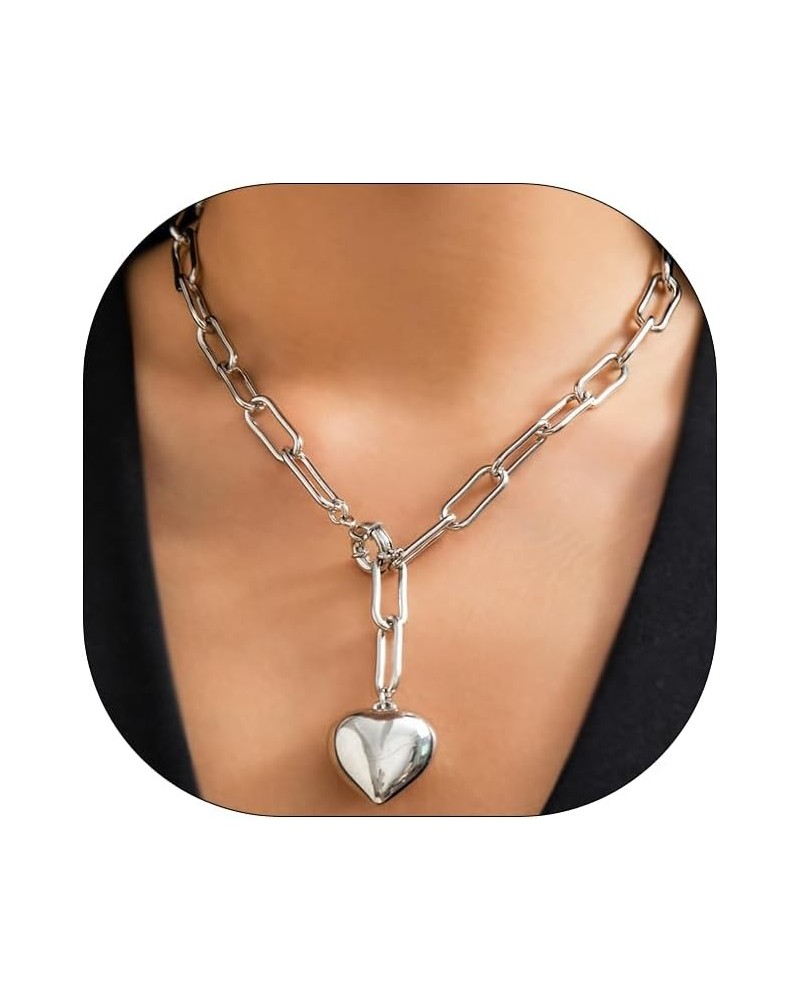 Heart Necklaces for Women Silver Heart Choker Necklace Cuban Chain Heart Necklace for Women Bling Chunky Heart Chain Necklace...