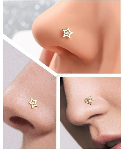 MeIighting Gold Nose Stud L Shaped, 20G Nose Rings, 14K Solid Gold Nose Piercing Jewelry for Women Clear CZ, Real Gold Heart ...