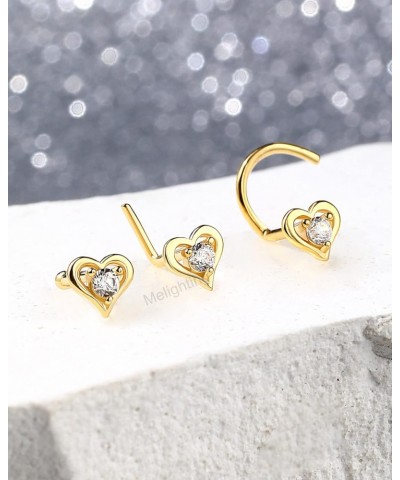 MeIighting Gold Nose Stud L Shaped, 20G Nose Rings, 14K Solid Gold Nose Piercing Jewelry for Women Clear CZ, Real Gold Heart ...