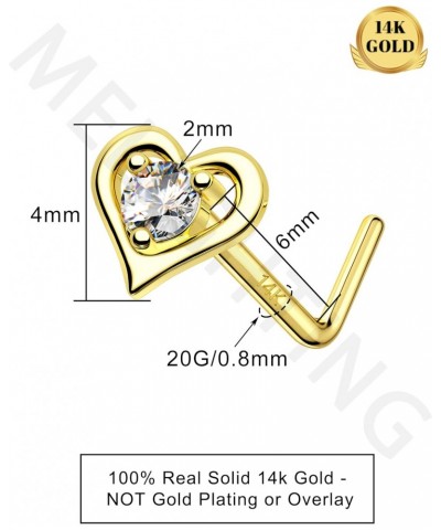 MeIighting Gold Nose Stud L Shaped, 20G Nose Rings, 14K Solid Gold Nose Piercing Jewelry for Women Clear CZ, Real Gold Heart ...