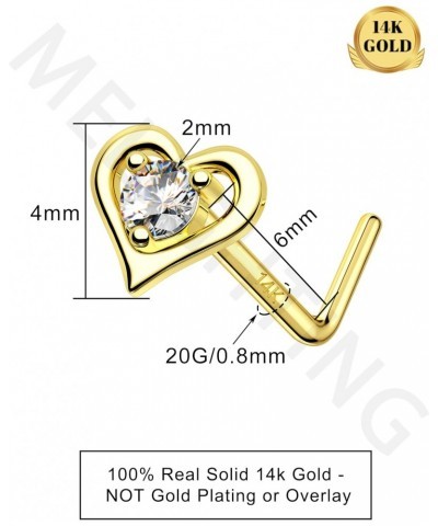 MeIighting Gold Nose Stud L Shaped, 20G Nose Rings, 14K Solid Gold Nose Piercing Jewelry for Women Clear CZ, Real Gold Heart ...