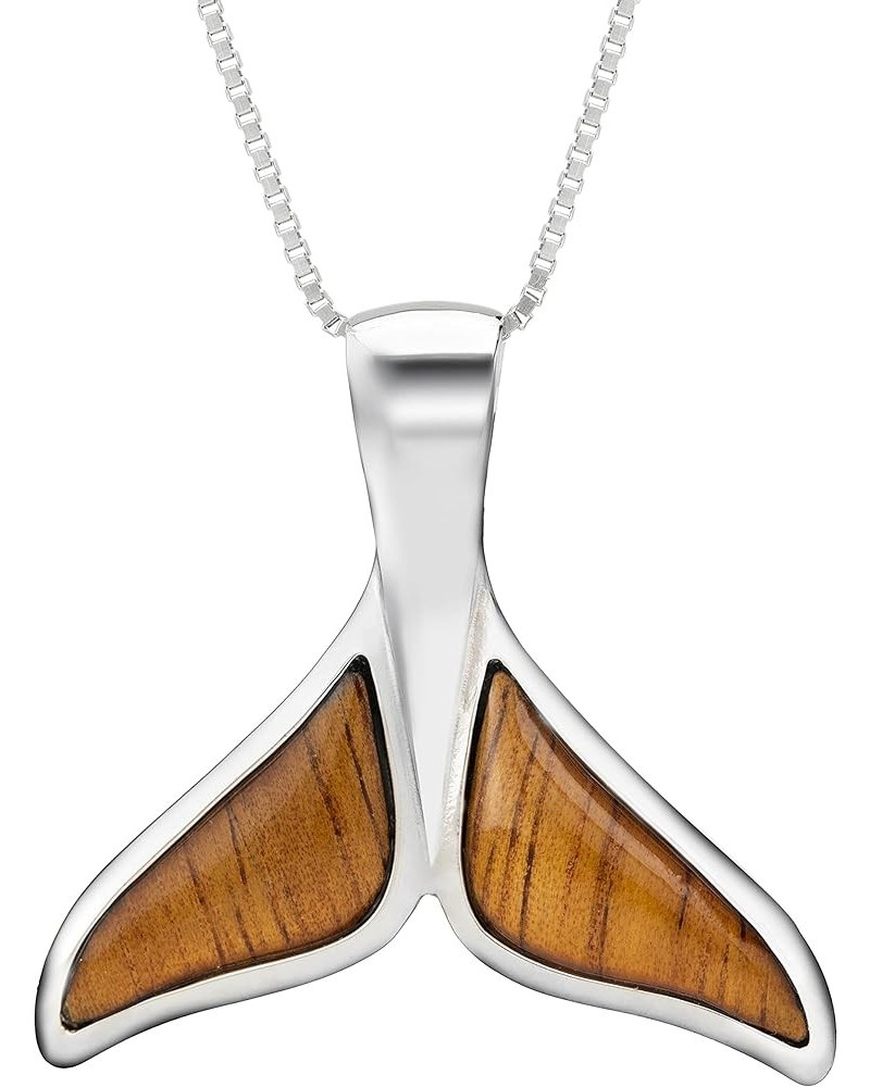 925 Sterling Silver Koa Wood Hawaiian Whale Tail Necklace Pendant with 18" Box Chain, Nickel Free Hypoallergenic for Sensitiv...