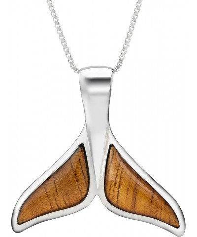 925 Sterling Silver Koa Wood Hawaiian Whale Tail Necklace Pendant with 18" Box Chain, Nickel Free Hypoallergenic for Sensitiv...