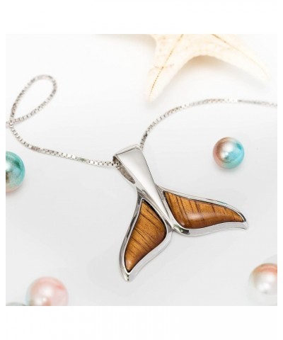 925 Sterling Silver Koa Wood Hawaiian Whale Tail Necklace Pendant with 18" Box Chain, Nickel Free Hypoallergenic for Sensitiv...