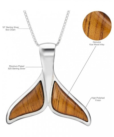 925 Sterling Silver Koa Wood Hawaiian Whale Tail Necklace Pendant with 18" Box Chain, Nickel Free Hypoallergenic for Sensitiv...