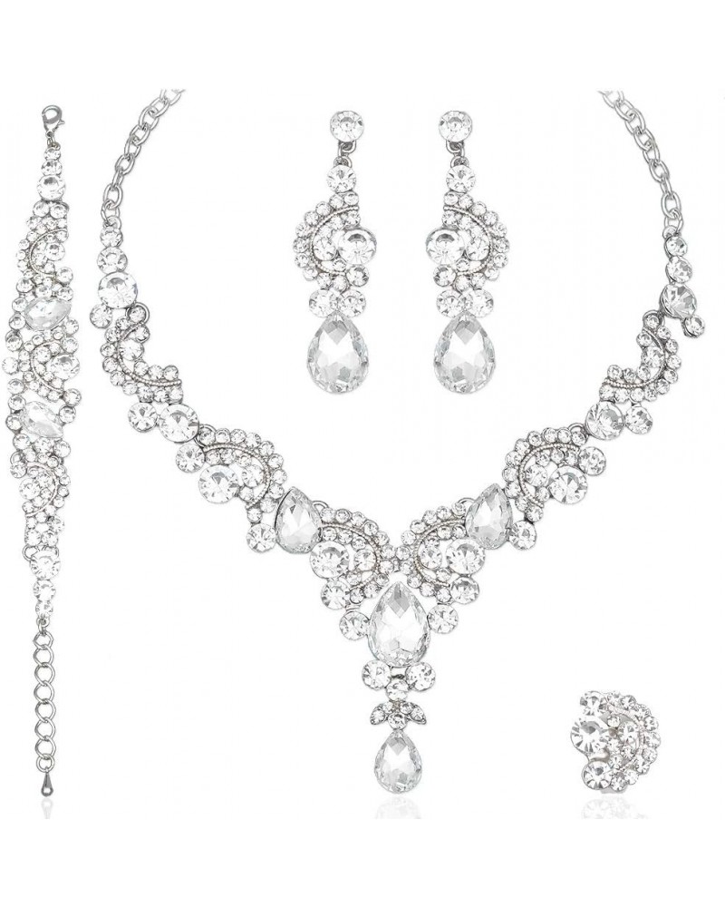 Elegant Crystal Necklace Earrings Bracelet Ring Bridal Wedding Party Costume Jewelry Sets for Brides Women 4 Pcs/Set-white go...