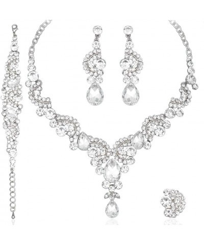 Elegant Crystal Necklace Earrings Bracelet Ring Bridal Wedding Party Costume Jewelry Sets for Brides Women 4 Pcs/Set-white go...