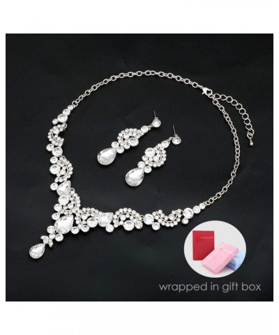 Elegant Crystal Necklace Earrings Bracelet Ring Bridal Wedding Party Costume Jewelry Sets for Brides Women 4 Pcs/Set-white go...