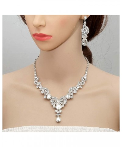 Elegant Crystal Necklace Earrings Bracelet Ring Bridal Wedding Party Costume Jewelry Sets for Brides Women 4 Pcs/Set-white go...