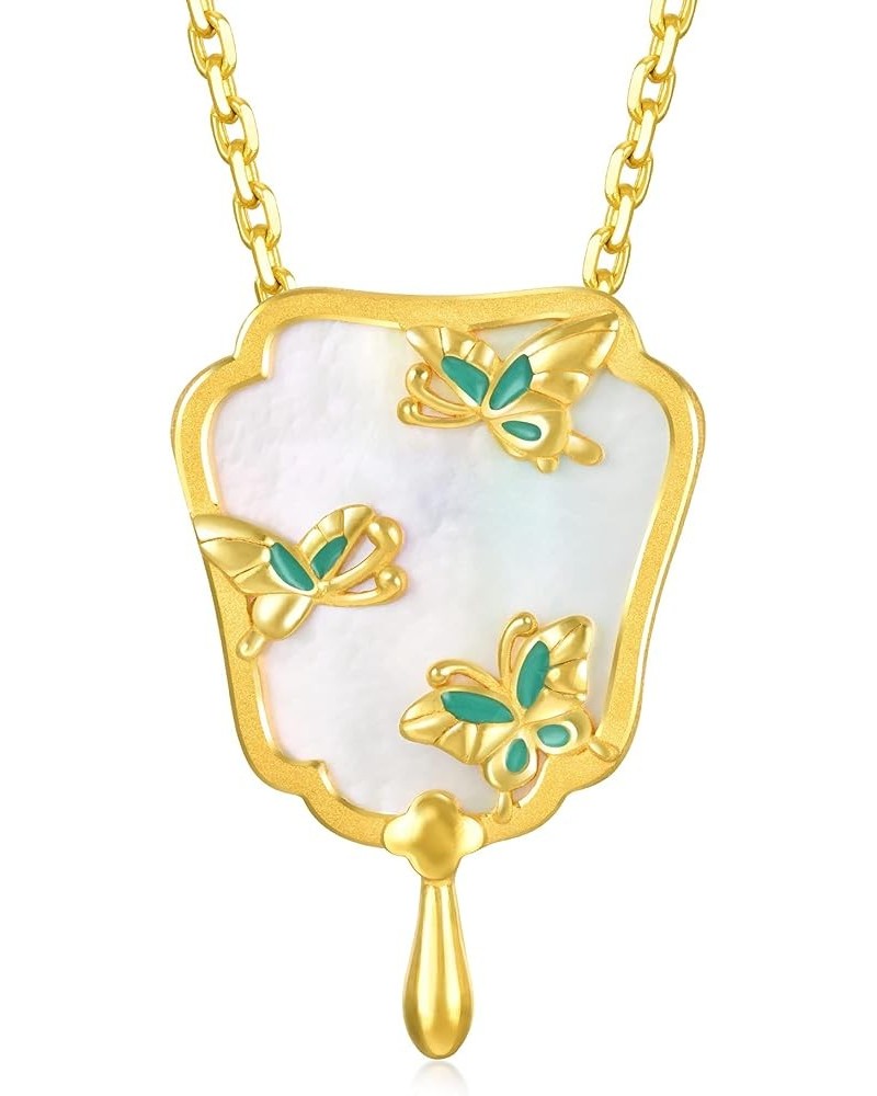 Cultural Blessings 999.9 24K Solid Gold Mother of Pearl Ancient Elegant Fan Pendant 92652P [Not Include Necklace] Butterflies...