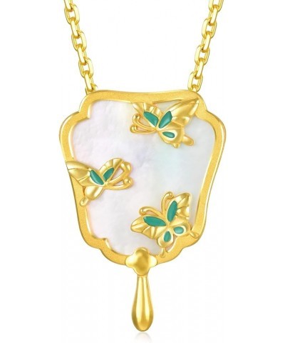 Cultural Blessings 999.9 24K Solid Gold Mother of Pearl Ancient Elegant Fan Pendant 92652P [Not Include Necklace] Butterflies...