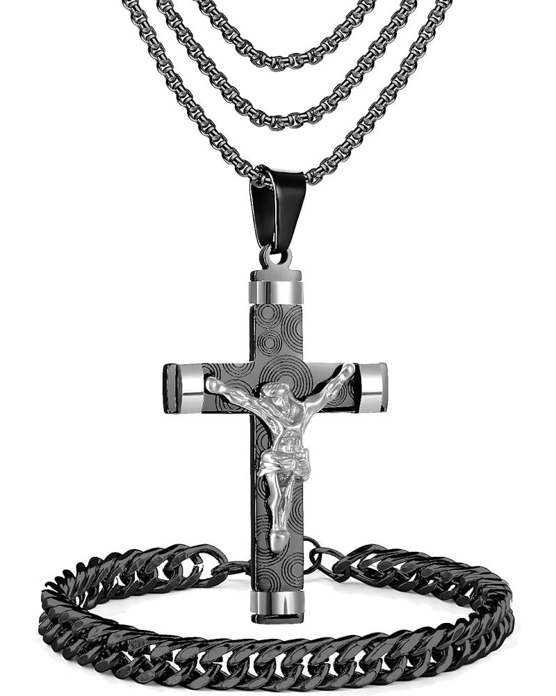 5 Piece Stainless Steel Cross Pendant Necklace Set with 3 Chains and 1 Cuban Bracelet, Jesus Christ Cross Religious Jewelry G...