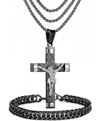 5 Piece Stainless Steel Cross Pendant Necklace Set with 3 Chains and 1 Cuban Bracelet, Jesus Christ Cross Religious Jewelry G...