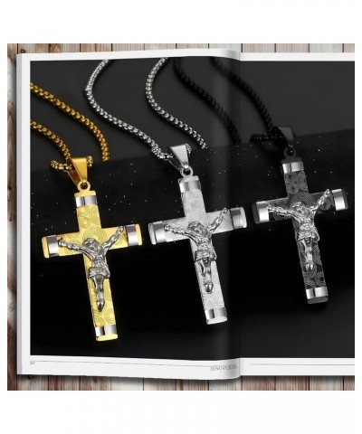 5 Piece Stainless Steel Cross Pendant Necklace Set with 3 Chains and 1 Cuban Bracelet, Jesus Christ Cross Religious Jewelry G...