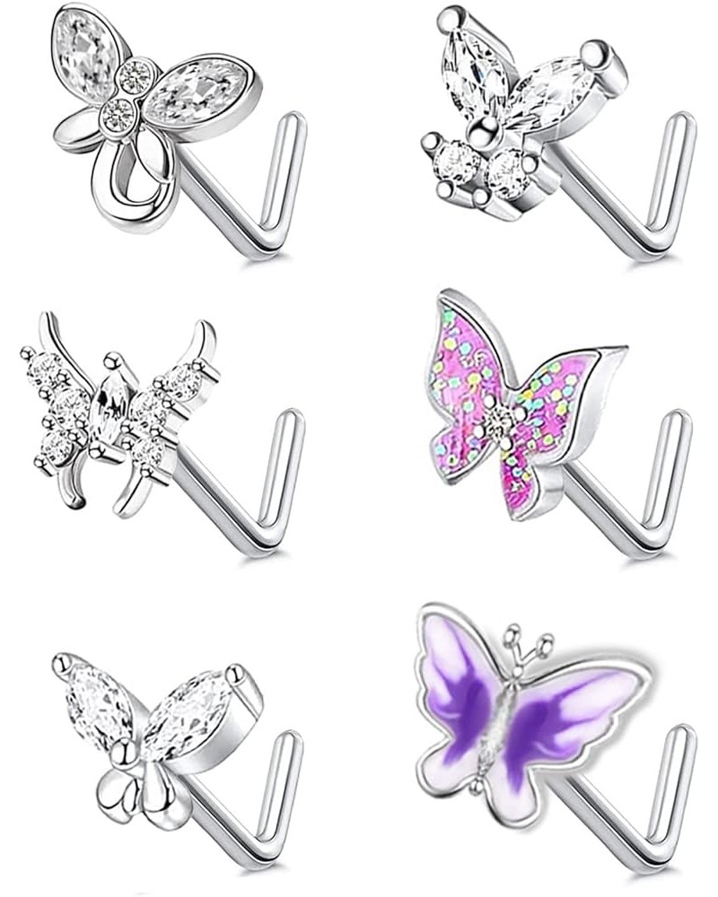 CZ Butterfly Flower Top L Bend Stud Nose Ring 20G L Shaped Nose Studs Nose Hoop Rings Nose Body Piercing for Women Mens color...