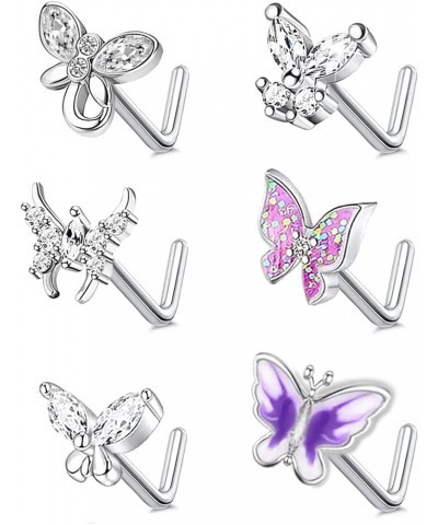 CZ Butterfly Flower Top L Bend Stud Nose Ring 20G L Shaped Nose Studs Nose Hoop Rings Nose Body Piercing for Women Mens color...