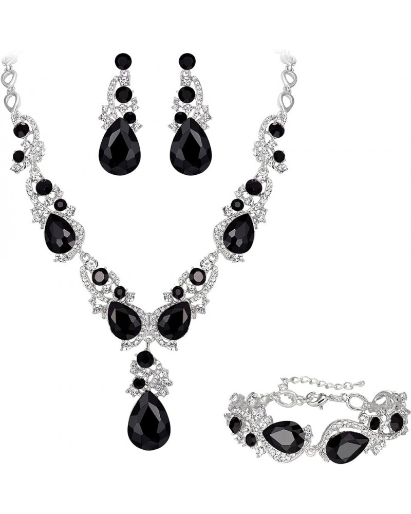 Wedding Bridal Jewelry for Women Multi Teardrop Cluster Crystal Statement Necklace Dangle Earrings Link Bracelet Set Black Si...