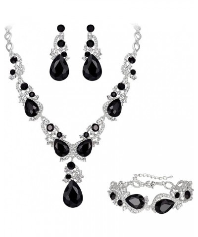 Wedding Bridal Jewelry for Women Multi Teardrop Cluster Crystal Statement Necklace Dangle Earrings Link Bracelet Set Black Si...