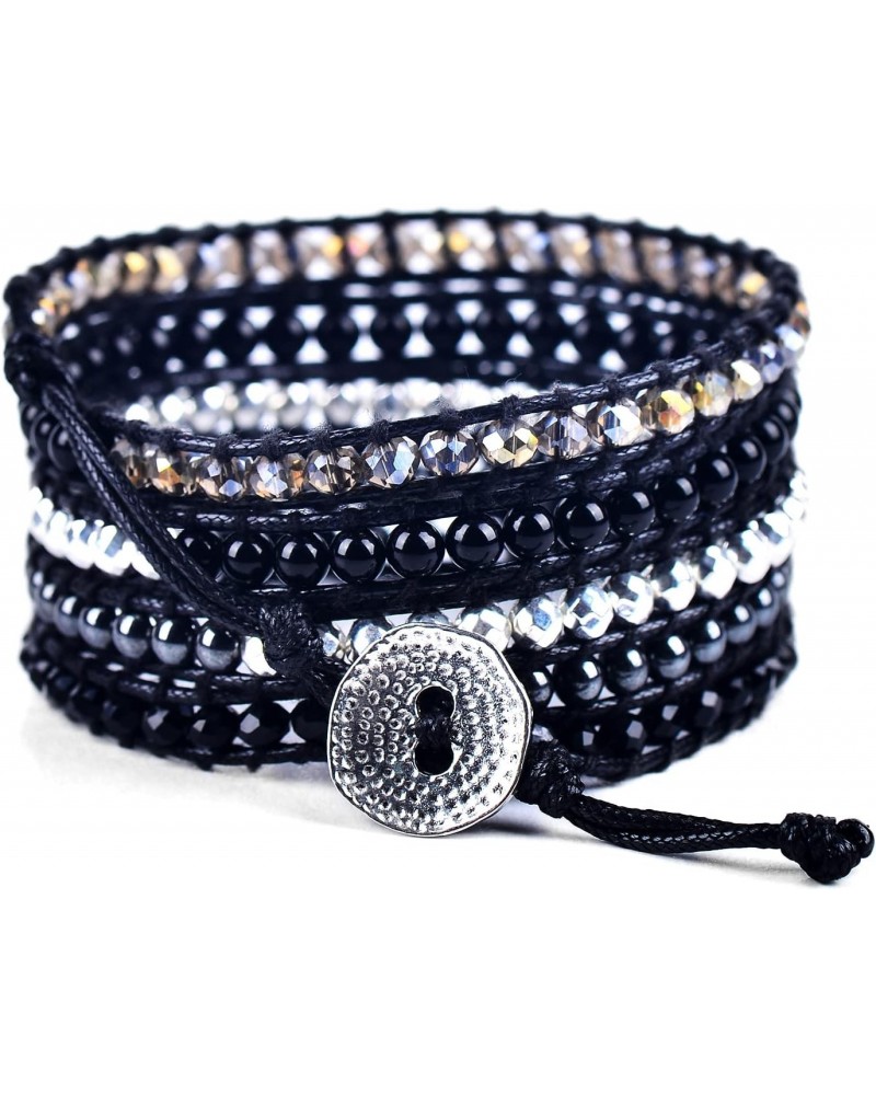 Reilly Wrap Beaded Bracelets – Boho Bracelets for Women & Men – Silver + Black Hematite Bead Bracelet – Handmade in Bali Wome...