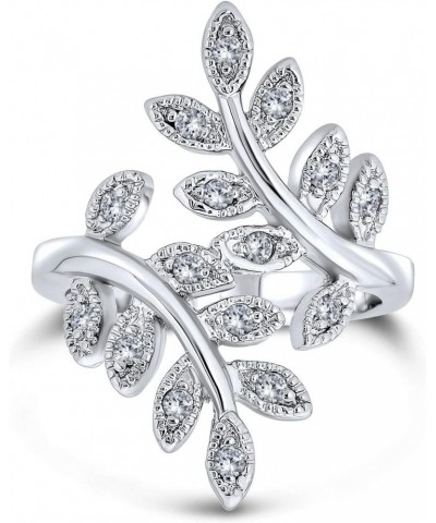 Nature Ivy Vine Leaf Fashion Statement Ring For Women Cubic Zirconia Pave CZ Bypass Silver Plated Brass $9.90 Rings