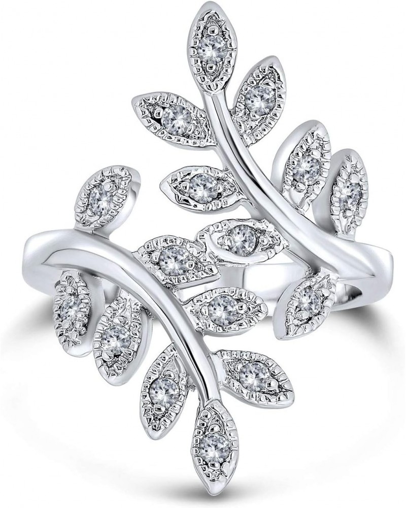 Nature Ivy Vine Leaf Fashion Statement Ring For Women Cubic Zirconia Pave CZ Bypass Silver Plated Brass $9.90 Rings