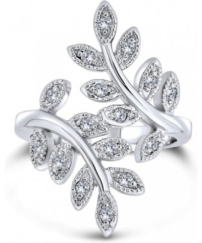 Nature Ivy Vine Leaf Fashion Statement Ring For Women Cubic Zirconia Pave CZ Bypass Silver Plated Brass $9.90 Rings