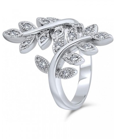 Nature Ivy Vine Leaf Fashion Statement Ring For Women Cubic Zirconia Pave CZ Bypass Silver Plated Brass $9.90 Rings