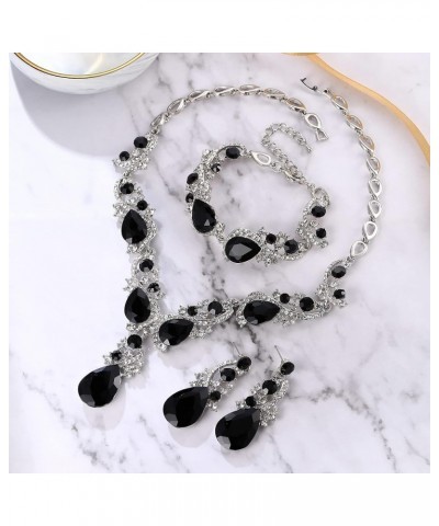 Wedding Bridal Jewelry for Women Multi Teardrop Cluster Crystal Statement Necklace Dangle Earrings Link Bracelet Set Black Si...