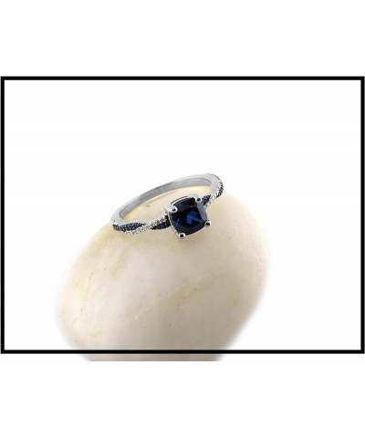 6 MM Cushion Lab Created Gemstone with Round Blue Sapphire & Diamond Ladies Engagement Ring | 18K White Gold Lab Created Blue...